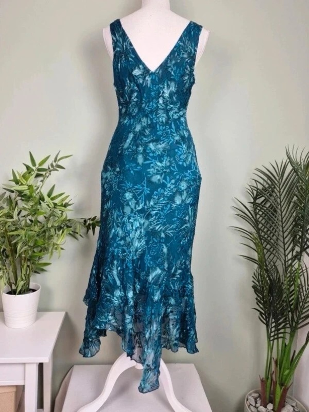 Teal Floral V-Neck Handkerchief Hem Maxi Dress